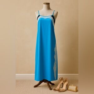 Satin Lace Slip Maxi Dress Blue 8 | Y2K Lingerie Style Ramy Brook Gown Vacation